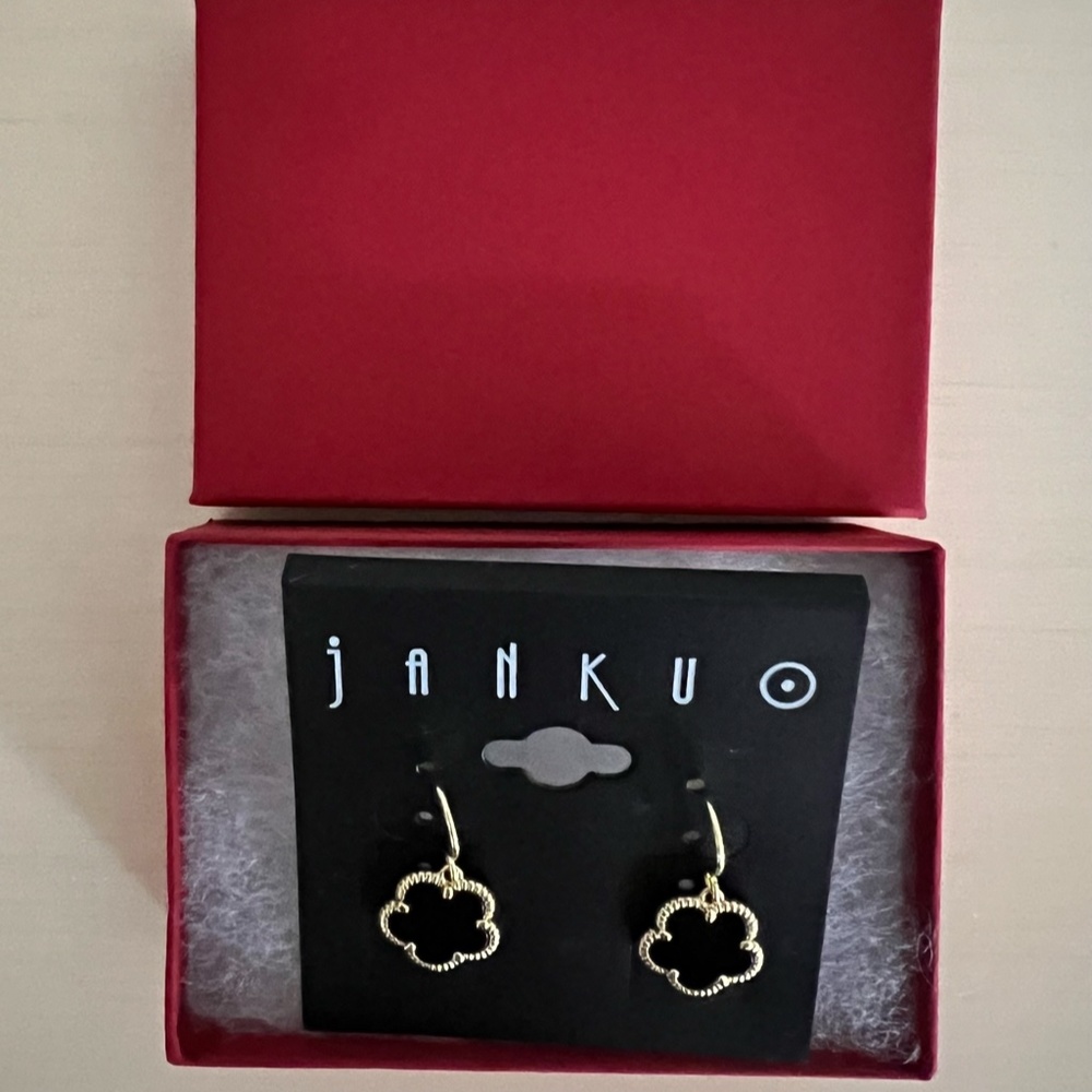 JanKuo 14k Gold-plated Black Onyx Flower Drop Earrings NWT - Picture 7 of 7